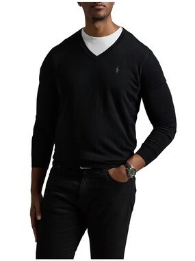 Polo Ralph Lauren Black Washable Merino Wool V-Neck Sweater NWT XLT